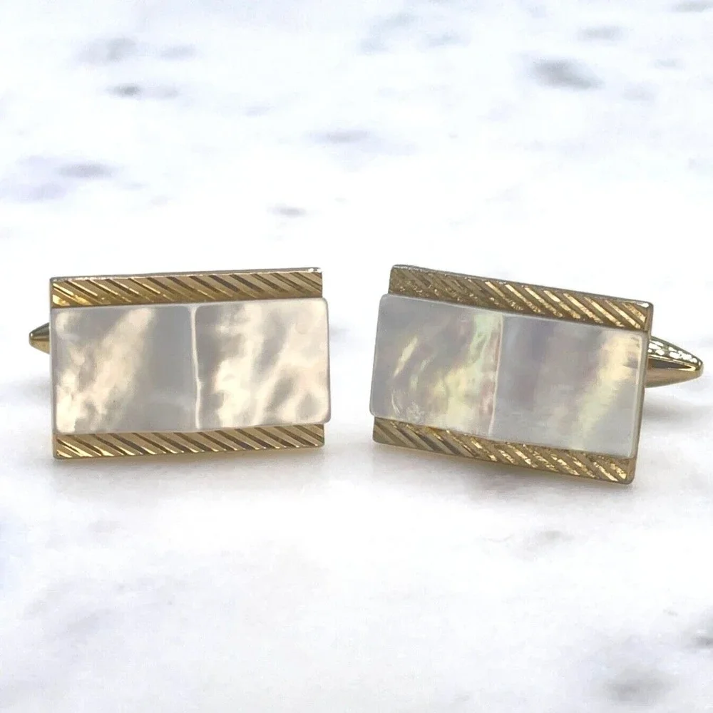 Mens Mother of Pearl Gold Tone Rectangular Bullet Back Cufflinks